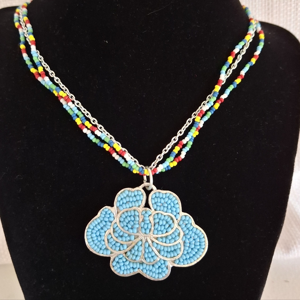 Multicolor Beaded Necklace with Blue (Lotus? Flower)Pendant